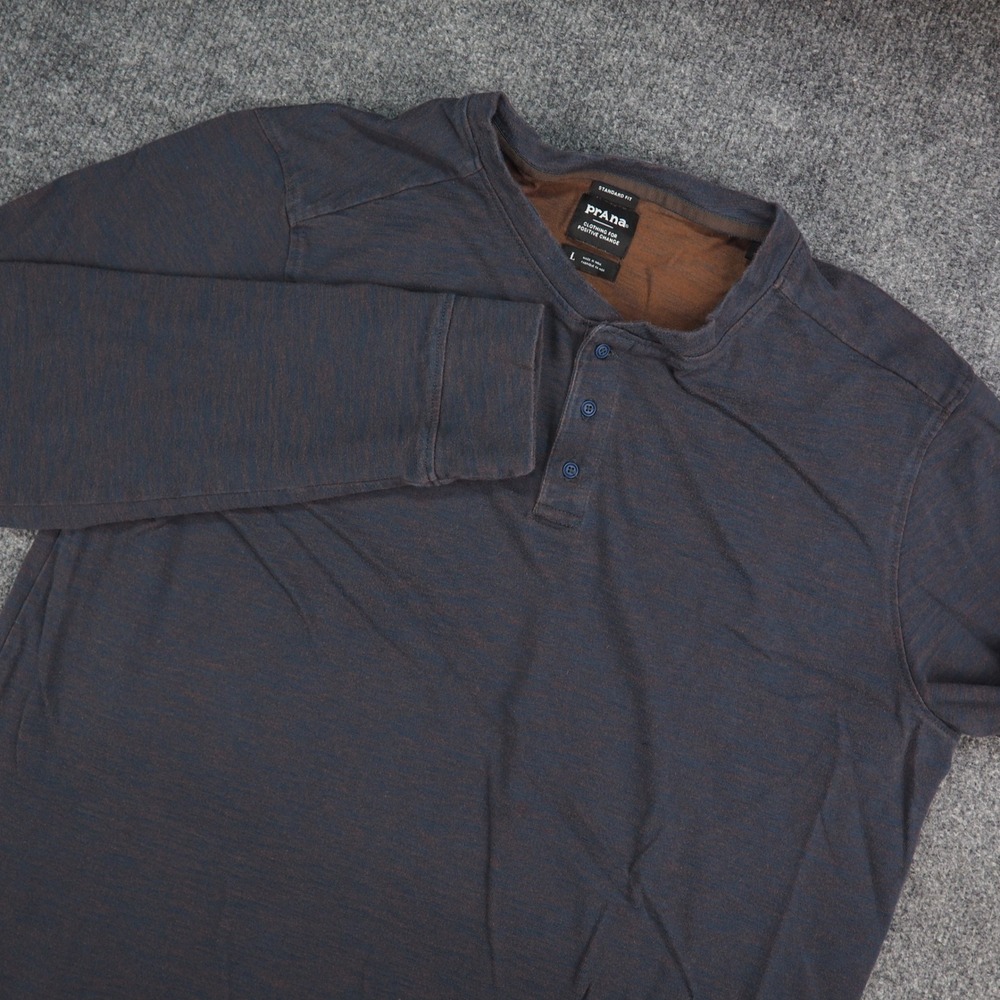 prAna Henley Shirt Mens Large Long Sleeve Blue Brown Slub Gorpcore Outdoor Shirt